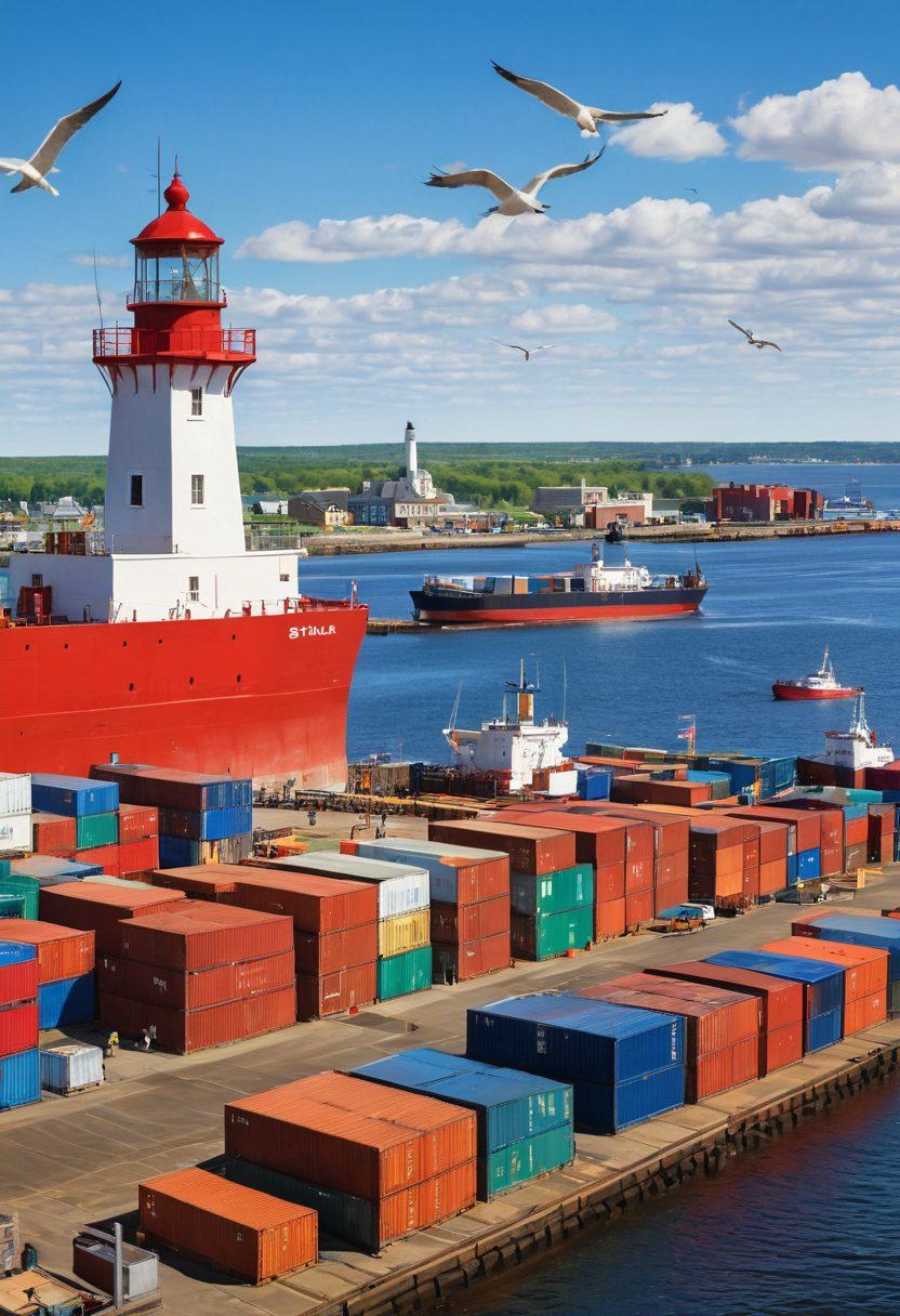 A bustling scene of Duluth's shipping port, showcasing large cargo ships being loaded and unloaded under a clear blue sky. Workers in safety gear actively managing containers, while a nearby lighthouse stands sentinel. Incorporate the iconic Duluth skyline in the background, with seagulls flying overhead. Emphasize vibrant colors for an energetic feel. super-realistic. vibrant colors. dynamic composition.