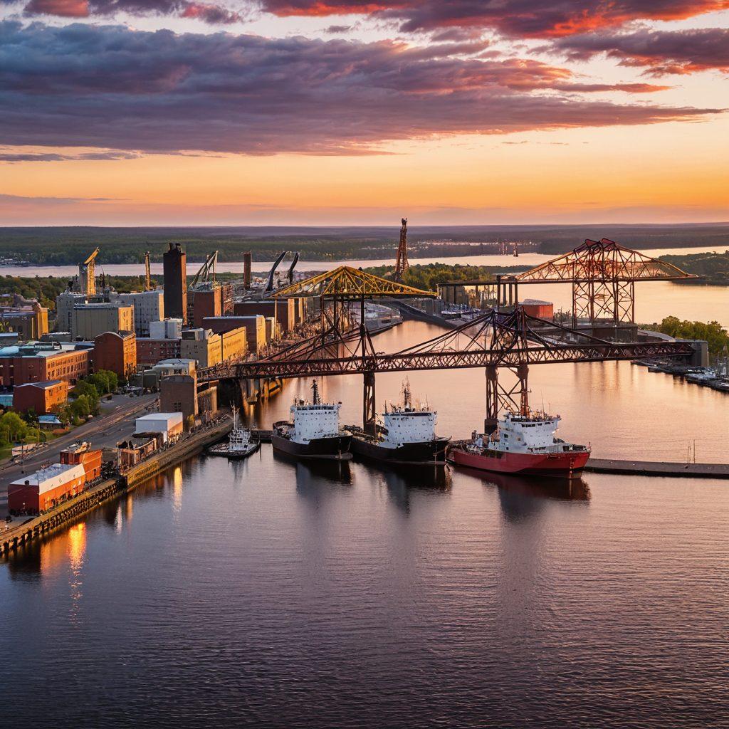 A sweeping aerial view of Duluth's bustling harbor, showcasing a mix of cargo ships and sailboats navigating the waves under a brilliant sunset. Include iconic landmarks like the Duluth Lift Bridge, with gentle ripples reflecting warm colors in the water. Lush greenery surrounds the port area, contrasting with the industrial elements. The sky should be filled with dramatic clouds, hinting at the maritime narrative. vibrant colors. super-realistic.